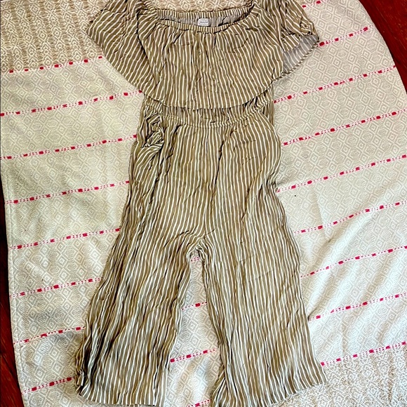 Mud Pie Tan and White Striped Jumpsuit with Flutter Sleeves - Picture 1 of 7